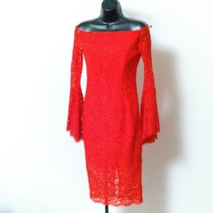 BARDOT Red Lace Off-the-shoulder Dress
